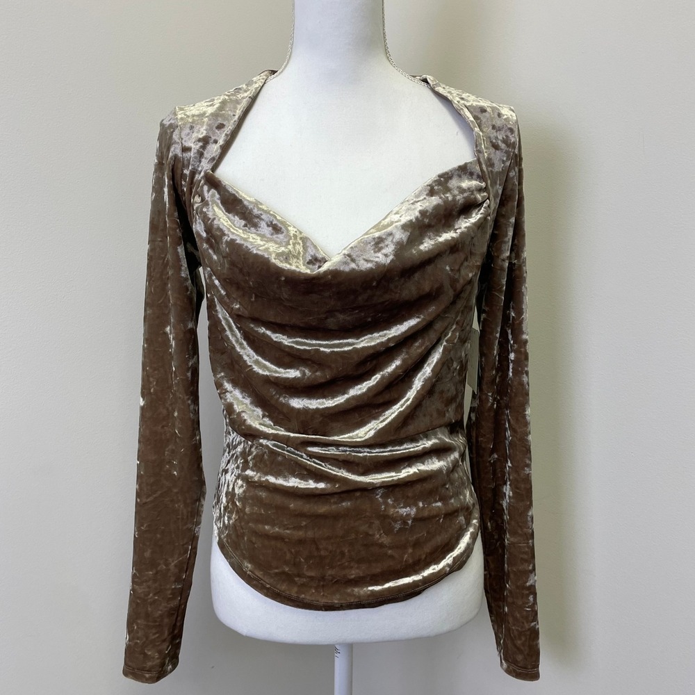 NWT Free People Taupe Stone Crushed Velvet Cowl Neck Long Sleeve Top Small